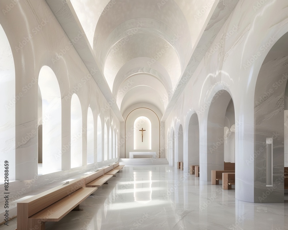 A long, narrow room with a high, arched ceiling. The room is lit by sunlight streaming in through the tall, arched windows. The walls are lined with wooden benches. At the end of the room is a simple