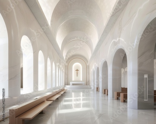 A long  narrow room with a high  arched ceiling. The room is lit by sunlight streaming in through the tall  arched windows. The walls are lined with wooden benches. At the end of the room is a simple