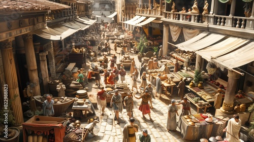A bustling Roman marketplace with merchants, traders, and citizens in togas, vibrant stalls, and lively chatter.