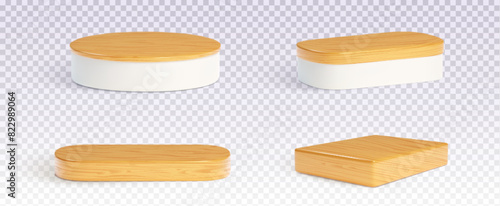 Wooden round and rectangular product podium with shadow on transparent background. Realistic 3d vector illustration set of cylinder and cube goods display platform and pedestal for presentation.