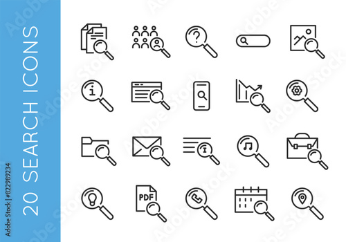 Search icons. Set of 20 trendy minimal search icons including magnifying glass on documents, people, folders, images, calendars. Examples: Document, Group, Folder, Image, Mobile. Vector illustration