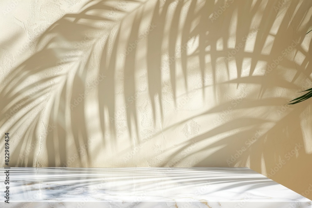 White Marble Table with Palm Leaves Shadow on Beige Wall Texture Background, Suitable for Product Presentation Backdrop, Display, and Mock up - generative ai White Marble Table with Palm Leaves Shadow on Beige Wall Texture Background, Suitable for Product Presentation Backdrop, Display, and Mock up - generative ai