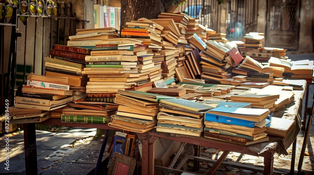 Obraz premium An outdoor market stall with various old books, vibrant covers, and genres displayed, attracting curious readers.