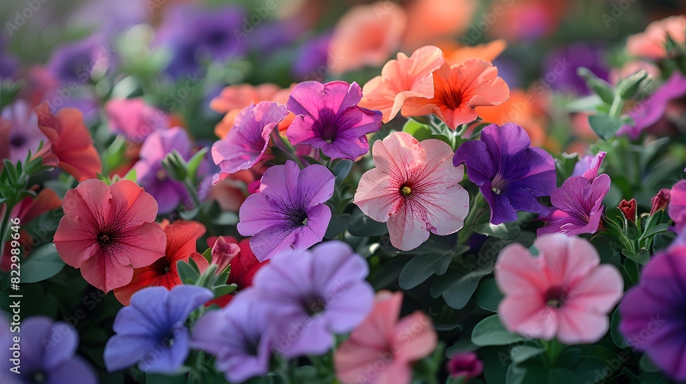 A lush bed of colorful petunias, showcasing a variety of hues from deep purples to bright pinks, under the warm summer sun. List of Art Media Photograph inspired by Spring magazine A lush bed of colorful petunias, showcasing a variety of hues from deep purples to bright pinks, under the warm summer sun. List of Art Media Photograph inspired by Spring magazine