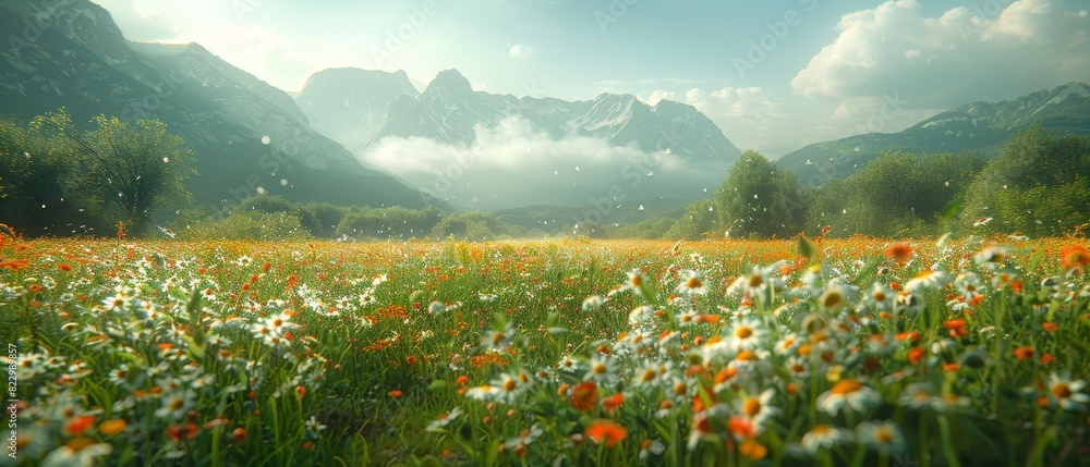 A sunlit valley adorned with wildflowers on an isolated yellow backdrop offers ample top copy space A sunlit valley adorned with wildflowers on an isolated yellow backdrop offers ample top copy space