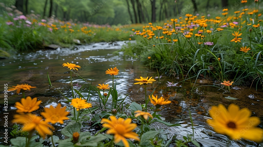 A mix of wildflowers in a natural setting by a stream, with reflections of the flowers in the water adding to the tranquility of the scene. List of Art Media Photograph inspired by Spring magazine A mix of wildflowers in a natural setting by a stream, with reflections of the flowers in the water adding to the tranquility of the scene. List of Art Media Photograph inspired by Spring magazine