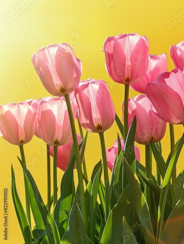 A sunny field of tulips set against a bright yellow backdrop with ample space for text