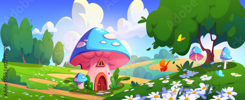 Fairy elf or animal tiny house made from mushroom on meadow with green grass, daisy flowers and butterflies in forest. Cartoon vector summer day landscape with fantasy fungus home with door and window
