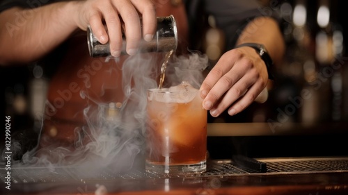 Bartender creating a smoky  whiskey-based drink  super realistic