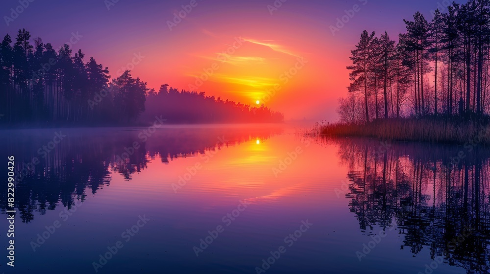 Sunset paints calm lake with vibrant orange and purple sky, offering wide space above