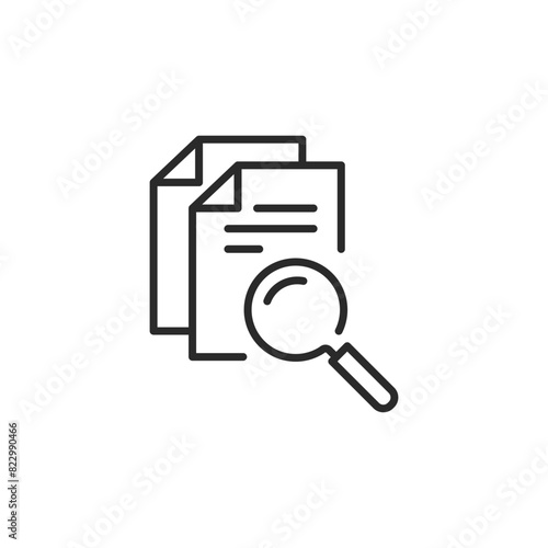 Document search icon. Simple representation of a file inspection or document analysis concept for web interfaces and document management systems. Vector illustration