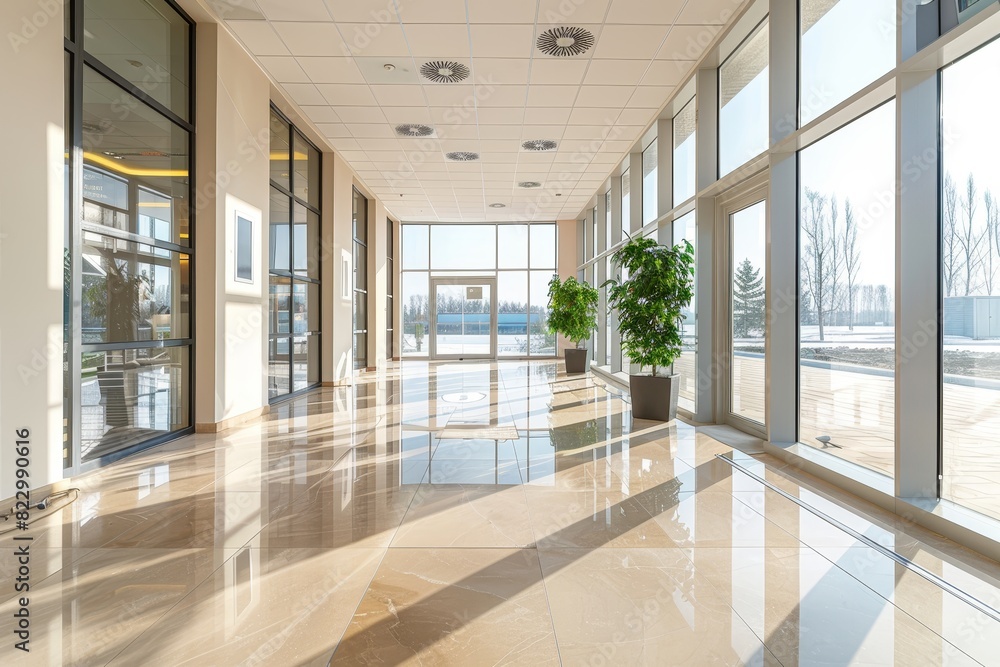 Spacious modern office hall with panoramic windows and elegant beige and brown tones Spacious modern office hall with panoramic windows and elegant beige and brown tones