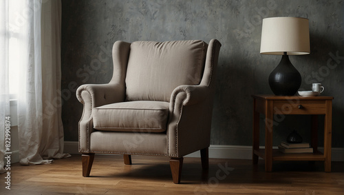 A beige wingback chair sits in front of a gray wall. 