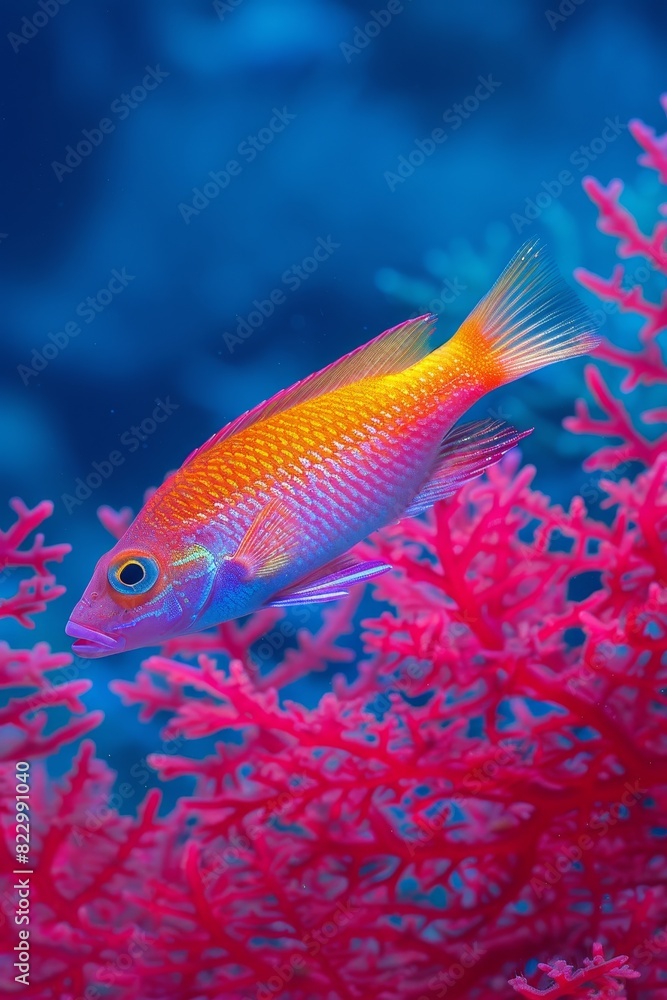 The vibrant reef fish swim gracefully amidst the isolated bright blue backdrop, offering ample bottom space for text