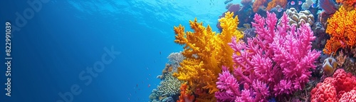 Vibrant coral reef beneath isolated sea blue background  ample copy space at the bottom