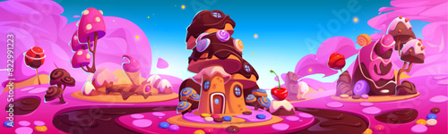 Candy land world with sweet game landscape vector. Fantasy magic pink candyland with cloud in sky and caramel village environment. Beautiful sugar yummy house bear childish road and dessert mushroom