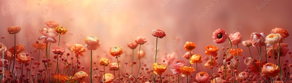 Obraz premium Wildflower field, vibrant colors, isolated pastel pink background, copy space bottom