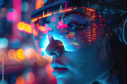 Person wearing AR glasses, holographic interface, cityscape background, vibrant colors, futuristic design, high resolution