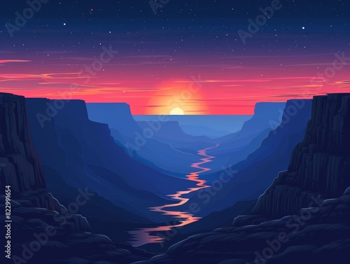 A winding river flows through a valley, set against a backdrop of sunset colors, with an isolated blue background and ample bottom space for text