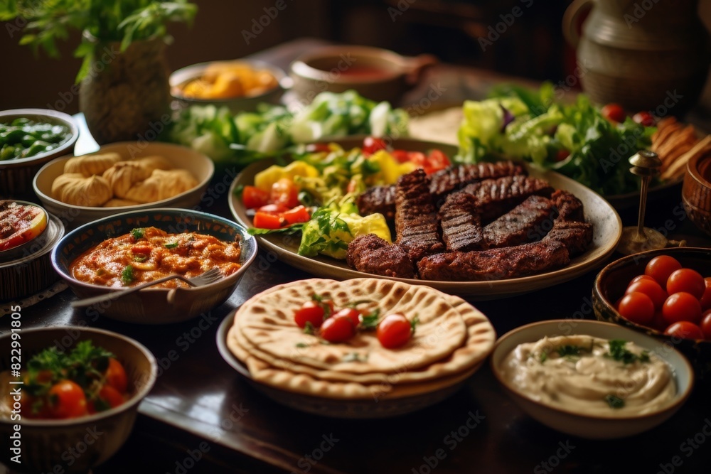 A delicious and healthy Mediterranean feast, featuring grilled meats, fresh salads, and hummus. A delicious and healthy Mediterranean feast, featuring grilled meats, fresh salads, and hummus.