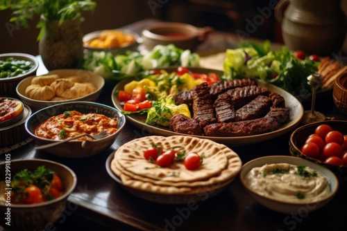 A delicious and healthy Mediterranean feast, featuring grilled meats, fresh salads, and hummus.