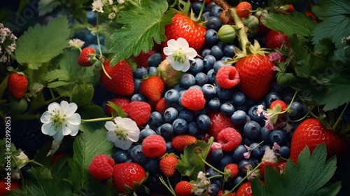 Ripe strawberries  raspberries  and blueberries nestled in vibrant garden setting