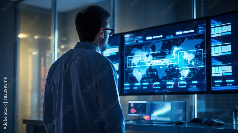 A man in a lab coat looking at a computer screen with a map of the world on it. A man in a lab coat looking at a computer screen with a map of the world on it.