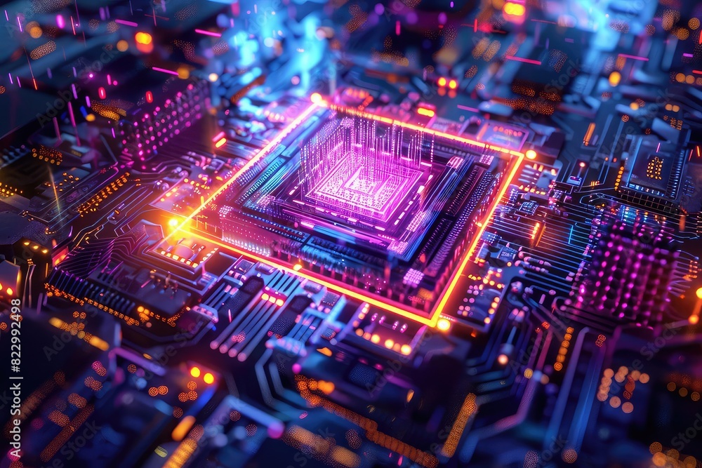 Quantum computer core, glowing qubits, futuristic design, neon blue and purple, hightech lab, vibrant colors, high resolution Quantum computer core, glowing qubits, futuristic design, neon blue and purple, hightech lab, vibrant colors, high resolution