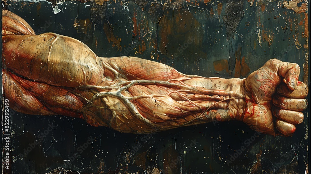 Detailed painting of a muscular arm with visible veins and tendons, showcasing human anatomy. Detailed painting of a muscular arm with visible veins and tendons, showcasing human anatomy.