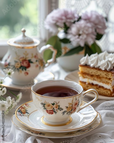 Exquisite tea setting with a cup of tea, a fancy cake, and fresh flowers