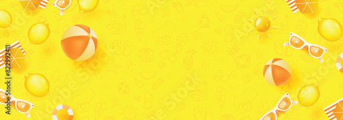 Summer banner tropical beach vibes yellow background with hand drawn summer icons and copy space