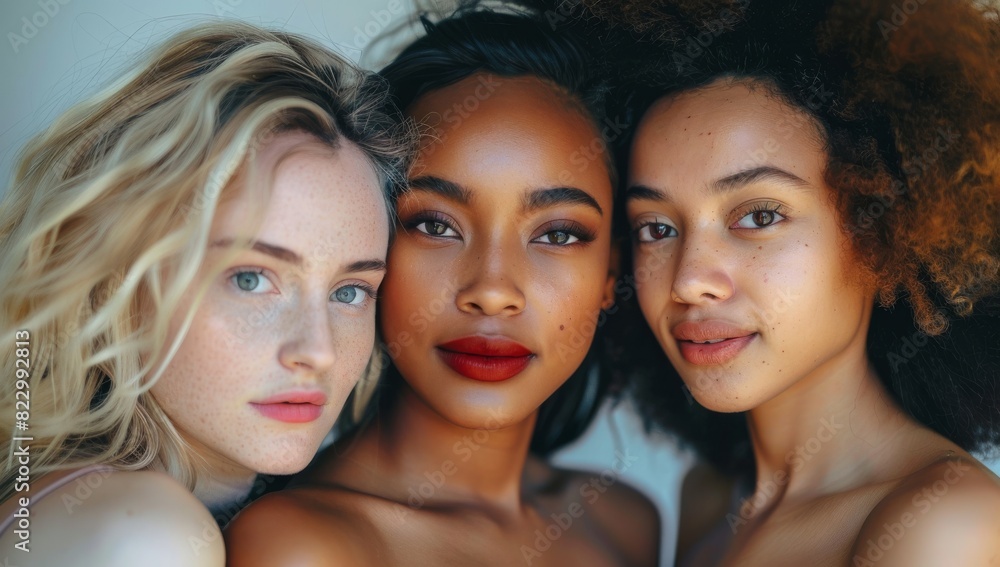 Diverse women with natural beauty staring thoughtfully into the distance Diverse women with natural beauty staring thoughtfully into the distance