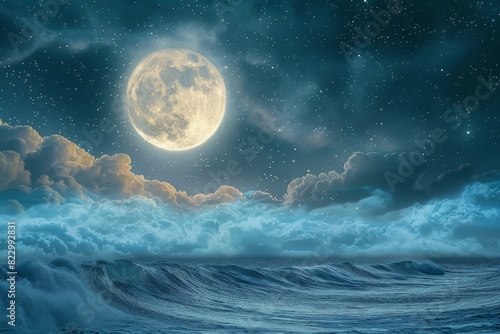 Scenic view of full moon rising over calm sea in night sky with clouds reflecting tranquility