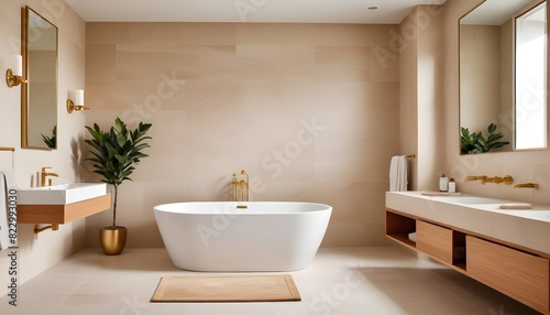 Luxurious bathroom with a modern bathtub framed blank poster  and rustic decorations on a textured background  imbued with natural light. 3D render