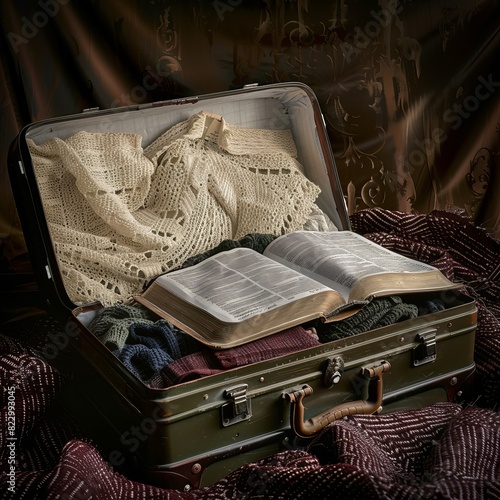 Vintage suitcase open with clothes and an old Bible, ready for a journey of faith, Futuristic , Cyberpunk