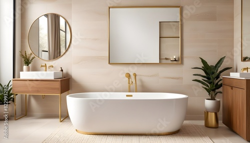 Luxurious bathroom with a modern bathtub framed blank poster  and rustic decorations on a textured background  imbued with natural light. 3D render