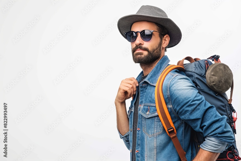 A man wearing a denim shirt, sunglasses, hat, and backpack standing on a white background. Generative AI A man wearing a denim shirt, sunglasses, hat, and backpack standing on a white background. Generative AI