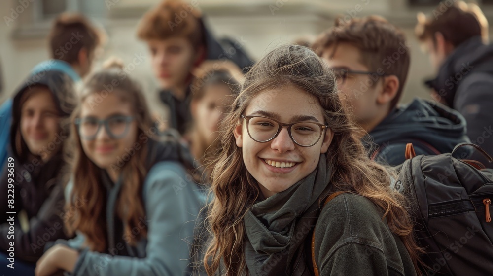 Obraz premium A joyful teenage girl with glasses smiles brightly among a group of friends in a casual outdoor setting, representing youth and friendship