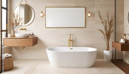 Luxurious bathroom with a modern bathtub framed blank poster  and rustic decorations on a textured background  imbued with natural light. 3D render