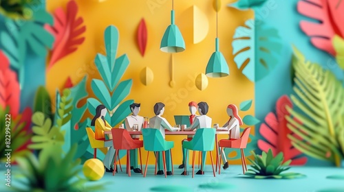 Wallpaper Mural A vibrant paper-cut scene of a group of people sitting around a table in a colorful room with foliage decor, depicting a lively meeting. Torontodigital.ca