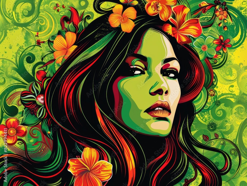 Naklejka premium Flowers on women's faces, green illustrations