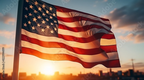 Beautiful waving american flag background at sunset time photo