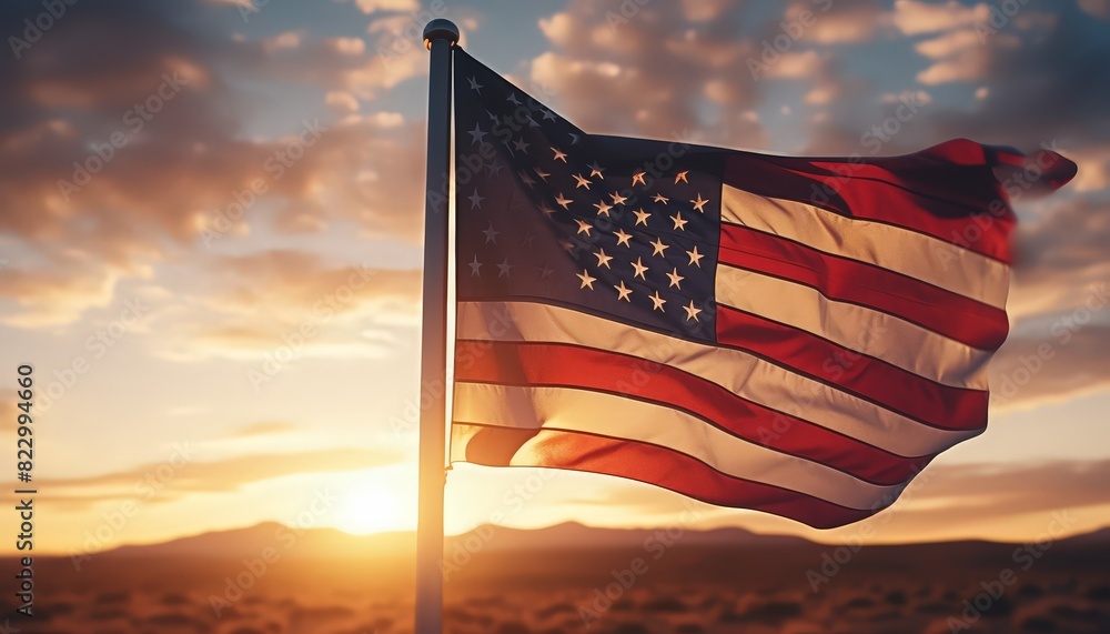 Beautiful waving american flag background at sunset time