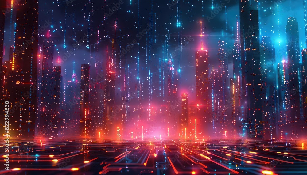 Smart city infrastructure, connected sensors, glowing data lines, urban landscape, vibrant colors, hightech design Smart city infrastructure, connected sensors, glowing data lines, urban landscape, vibrant colors, hightech design