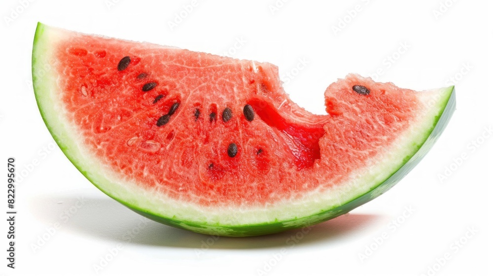 A fresh watermelon slice with a bite taken out, isolated on a white background. A fresh watermelon slice with a bite taken out, isolated on a white background.