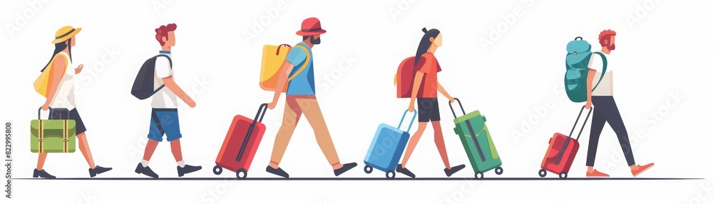 Illustration of a group of diverse travelers walking in a row with colorful luggage on a white background. Illustration of a group of diverse travelers walking in a row with colorful luggage on a white background.