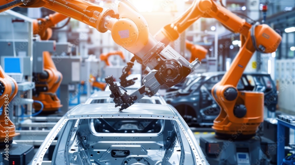 A robot is working in a car factory. A robot is working in a car factory.