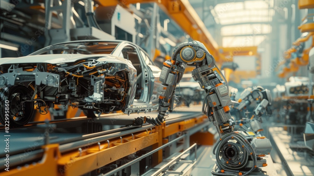 A robot is working in a car factory. A robot is working in a car factory.