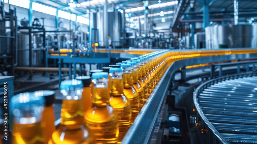 An advanced automated beverage production line operates within a modern industrial factory. An advanced automated beverage production line operates within a modern industrial factory.