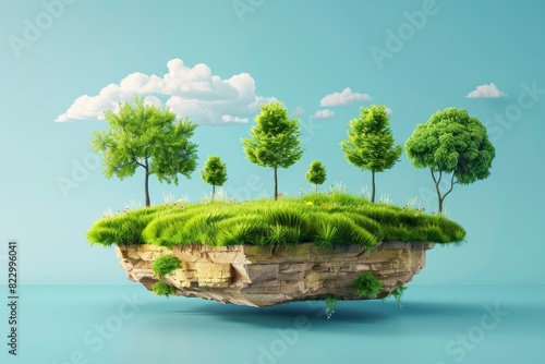 Travel and vacation background. 3d illustration with cut of the ground and the grass landscape. The trees on the island. eco design concept - generative ai